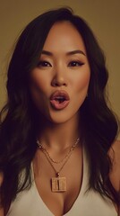 Close-up portrait of a young Asian woman with long dark hair, wearing a white top and necklaces, making a surprised or expressive face.