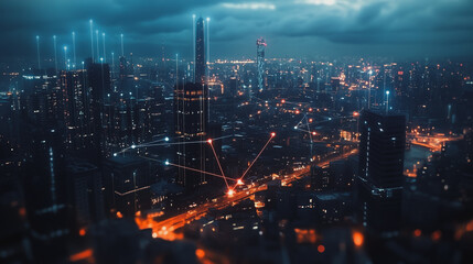 Fototapeta premium Smart digital Innovation city with connection network reciprocity over the cityscape. of future smart wireless digital city and social media networking systems that connects people with in city