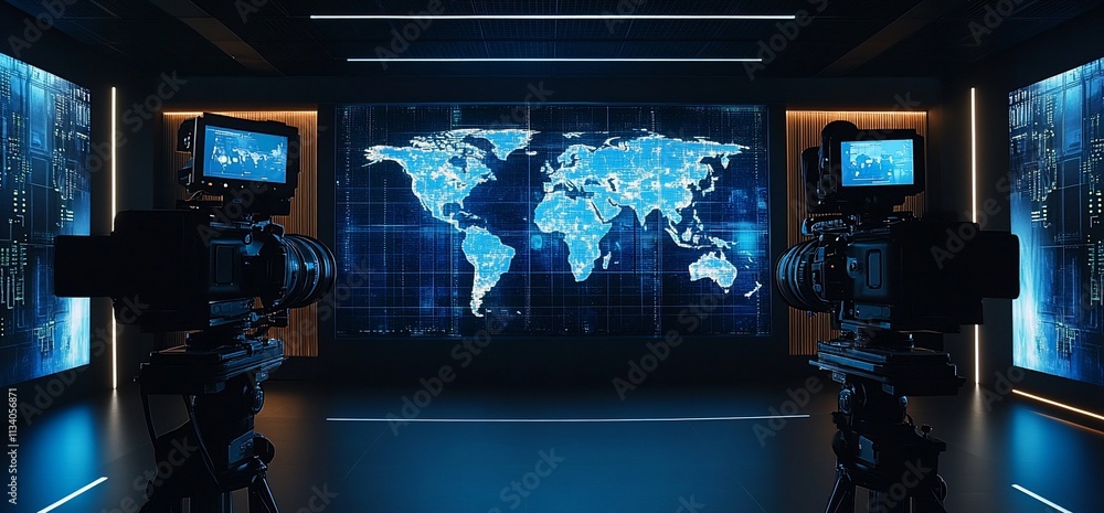 Aufkleber Studio setup with cameras and a digital world map display for broadcasting.