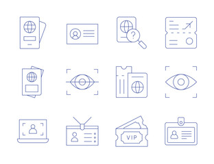 Identity icons. Thin Line style, editable stroke. visa, tickets, business card, passport, eye scanner, id card, user