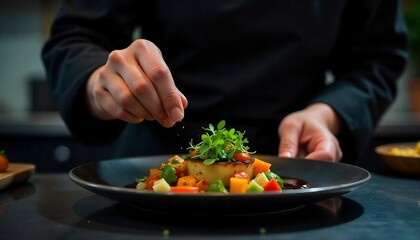 A chef's hands preparing a gourmet dish, arranging fresh herbs and ingredients on a dark plate, Chef placing finishing touches on a meal, created with generative ai