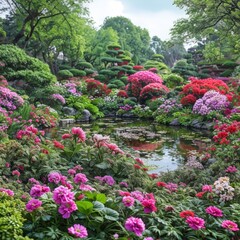 Fototapeta premium the AI Image Generator, Garden Landscape With Blossoming Flowers