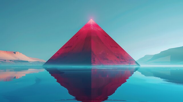 A large red pyramid rotating in a tranquil blue environment, casting a faint shadow below