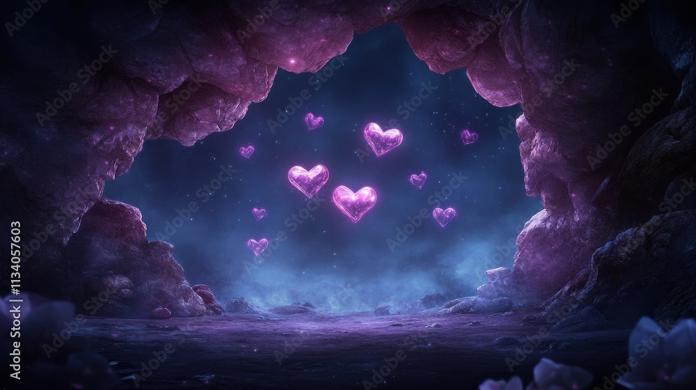 Poster a mystical scene featuring glowing pink hearts floating in a dark cave, creating a serene and enchan