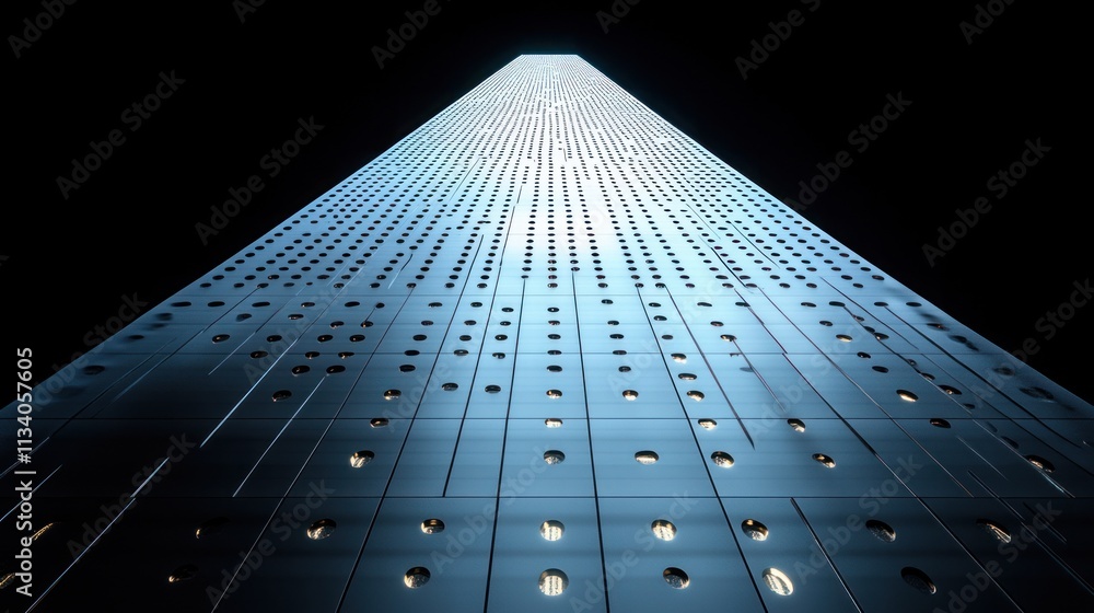 Poster a futuristic architectural structure with illuminated holes, creating a striking vertical perspectiv