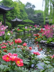 the AI Image Generator, Garden Landscape With Blossoming Flowers