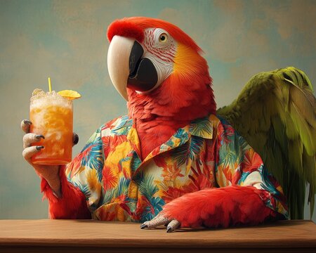 A colorful parrot in a Hawaiian shirt holding a tropical drink at a bar.