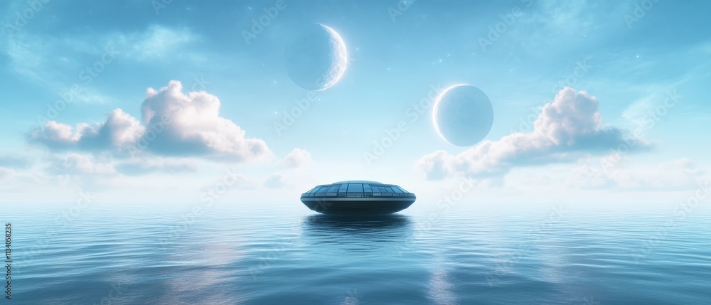 Poster a serene alien landscape features a sleek spacecraft hovering over calm waters, surrounded by soft c