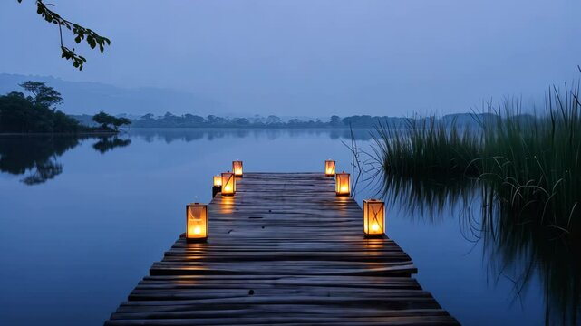 A wooden dock adorned with illuminated candles casting warm light on the surface, A private jetty extending into a calm lake at twilight, lined with paper lanterns