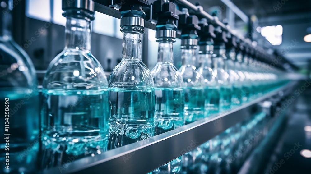 Poster sleek state of the art bottling line efficiently filling transparent bottles with pure fresh water a