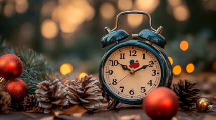 A vintage clock surrounded by festive ornaments and pinecones creates a warm holiday atmosphere, Ideal for illustrations of seasonal celebrations, time management, or nostalgic themes,