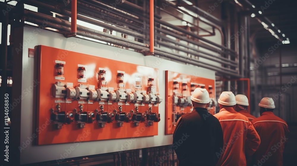 Poster workers monitoring digital control panel in water bottling factory automated industrial production a
