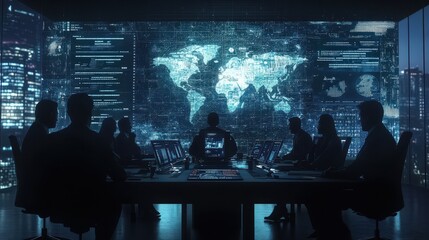 Global Network Monitoring Team in a High-Tech Control Room Analyzing Data on a World Map Display