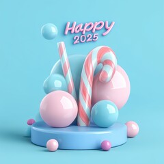Bright, colorful arrangement of candy canes and spheres against a pastel blue background, ideal for celebrating New Year's events, parties, or creating cheerful promotional materials,