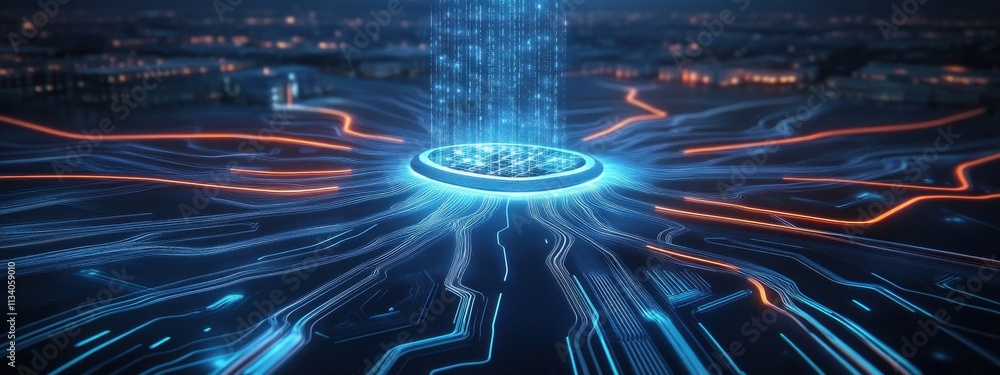 Poster futuristic digital network flowing with electric blue lights and circuit patterns over dark urban ba