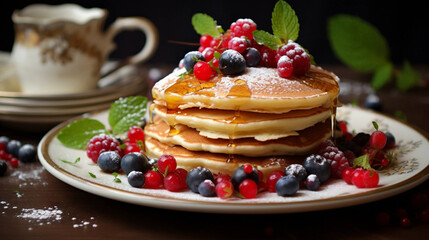 Delicious Pancakes with Syrup and Berries on a Plate