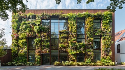 An innovative office building with a fade covered in vertical gardens, reducing heat and providing a lush urban aesthetic