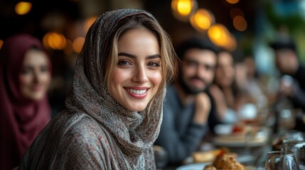 Smiling Woman in Hijab with Friends at a Restaurant