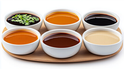 Sauces in a cup placed on a wooden tray on a white background.