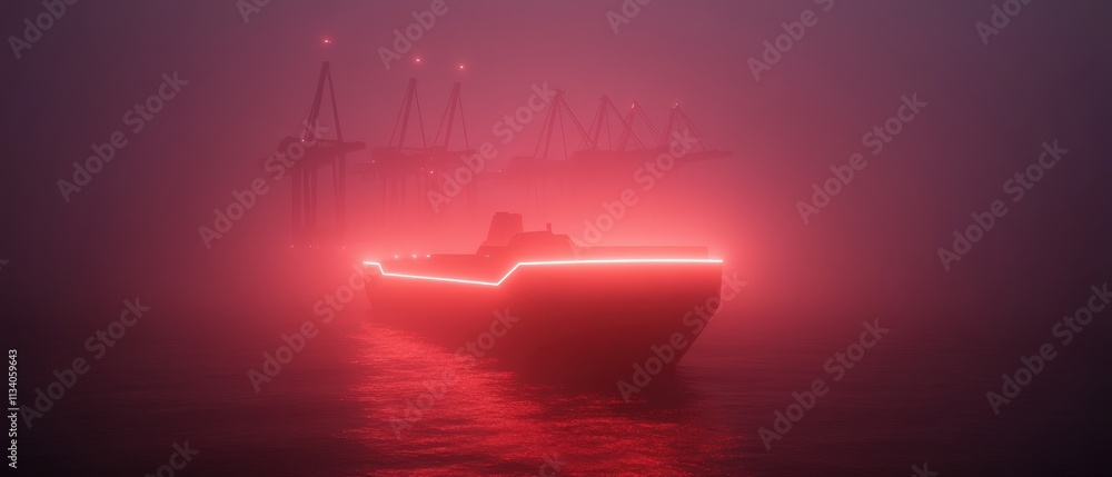 Aufkleber a boat illuminated by red lights navigates through dense fog, creating a mysterious and atmospheric 