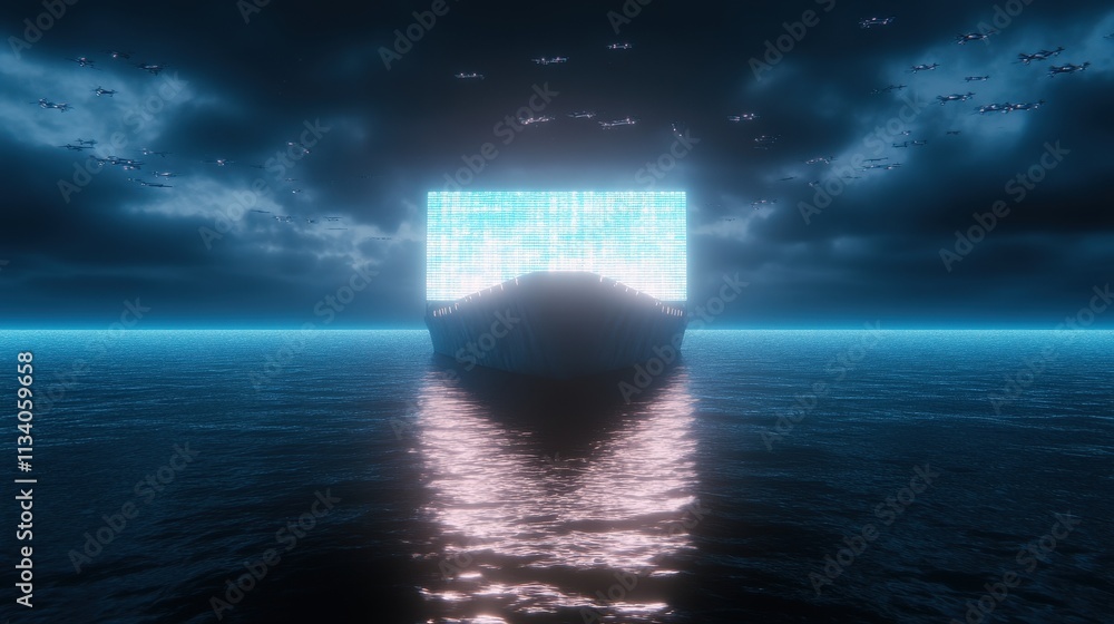 Poster a futuristic ship with a glowing screen sails through dark waters under a dramatic sky, creating a m