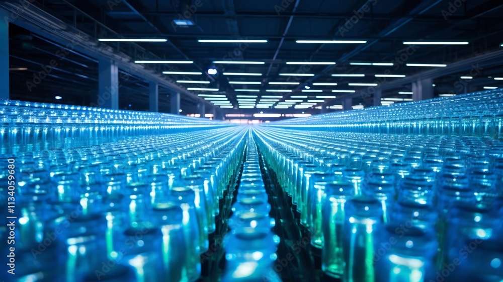 Aufkleber rows of bottled water neatly arranged and stored under the bright illumination of led lights within 