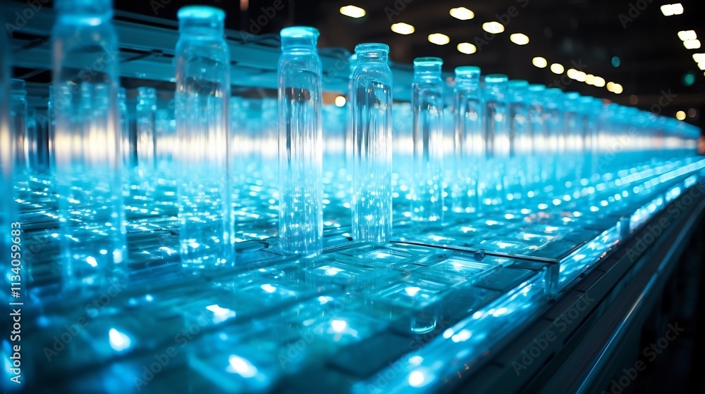 Poster rows of bottled water neatly stacked and displayed under bright led lighting in a modern efficient p
