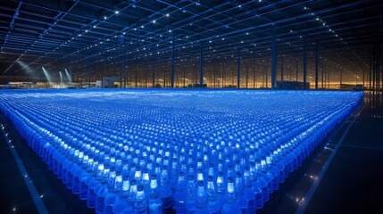 Fototapeta premium Rows of bottled water products under bright LED lighting in a modern manufacturing and production facility showcasing efficient and high tech water processing and packaging
