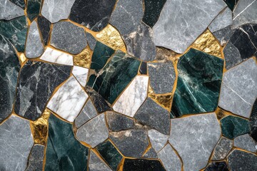 Fototapeta premium Stylish abstract design background with marble-like mosaics. Merged ceramic walls showcasing artificial stone patterns alongside shiny metal finishes