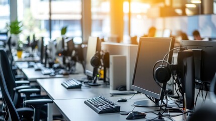 modern open plan office workspace with computers and headsets