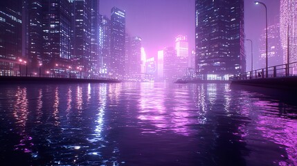 Obraz premium Futuristic Cityscape Reflecting in Water with Purple and Blue Hues