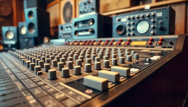 a row of audio mixing console faders and knobs in a recording studio or sound production environment, created with generative ai