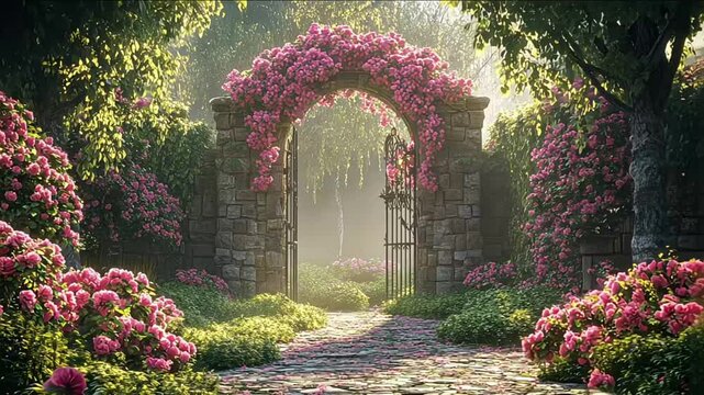 Enchanted garden archway with flowering blooms