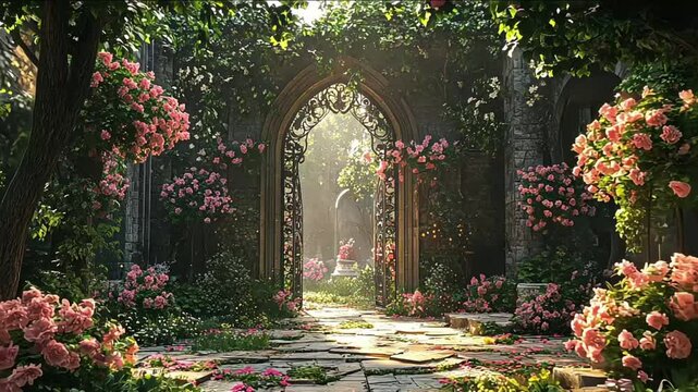 Enchanted garden archway with flowering blooms