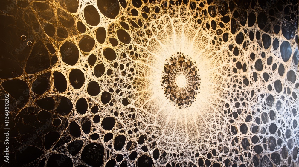 Poster an intricate fractal mural on the wall, displaying a series of interconnected geometric shapes that 