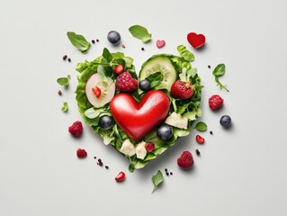 A vibrant heart-shaped arrangement of fresh greens, fruits, and vegetables, symbolizing health and wellness.