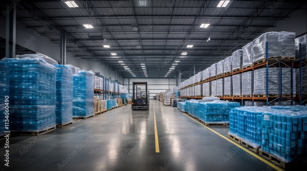 Aufkleber rows of stacked bottled water containers awaiting large scale distribution and delivery from a spaci