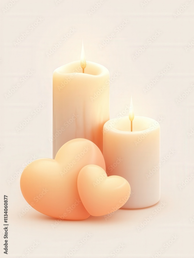 Poster a serene arrangement of soft-colored candles and heart shapes, creating a warm and inviting atmosphe
