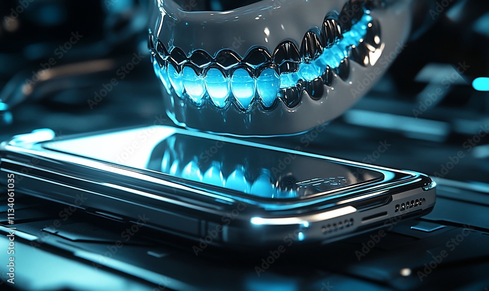 Poster a futuristic scene featuring a robotic skull and a smartphone.