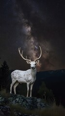Fototapeta premium A majestic white deer with perfect antlers, on the mountain and the view of the stars in the beautiful sky