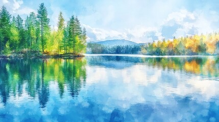 Fototapeta premium Serene lake landscape with colorful autumn trees reflected in the still water.