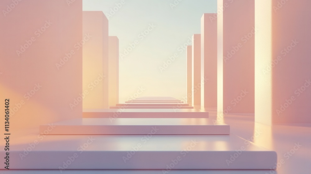 Poster exploring serene pathways minimalist architecture digital art tranquil environment upward perspectiv