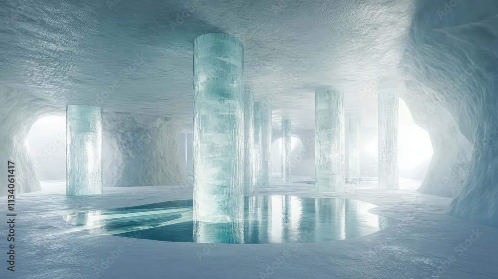 Poster an open-air hall inside an iceberg, with tall, frosted ice columns and natural light streaming in fr