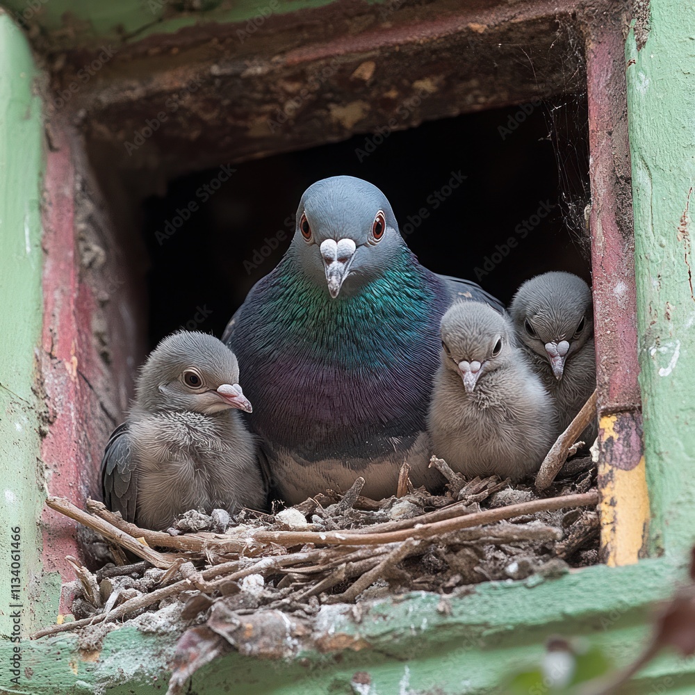 Poster a pigeon and its three chicks nestled in a nest within a window.