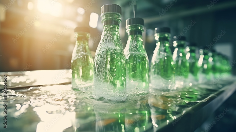 Aufkleber closeup of high speed water injection into bottles on a manufacturing production line showcasing the