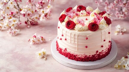 A beautifully decorated cake adorned with roses and petals, perfect for celebrations.