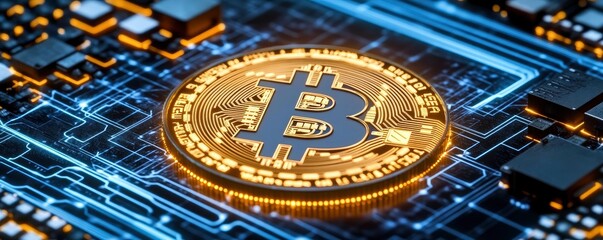 Fototapeta premium A close-up of a Bitcoin on a circuit board, symbolizing cryptocurrency technology.