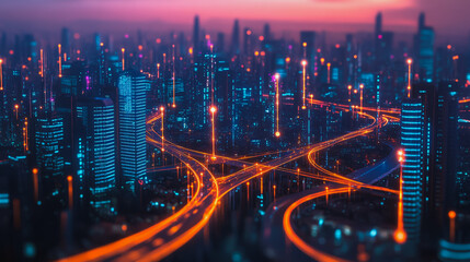 Fototapeta premium Smart digital Innovation city with connection network reciprocity over the cityscape. of future smart wireless digital city and social media networking systems that connects people with in city