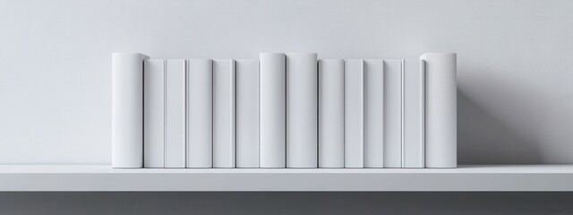 Obraz premium Minimalist white books on shelf modern interior still life calm environment close-up view knowledge and learning concept