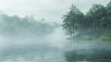 Fototapeta premium Misty Morning Lake with Foggy Forest Trees